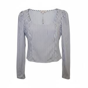 Free People Caroline Stripe Top Neutral Puff Sleeve Blouse Boat Neck Sz M NEW